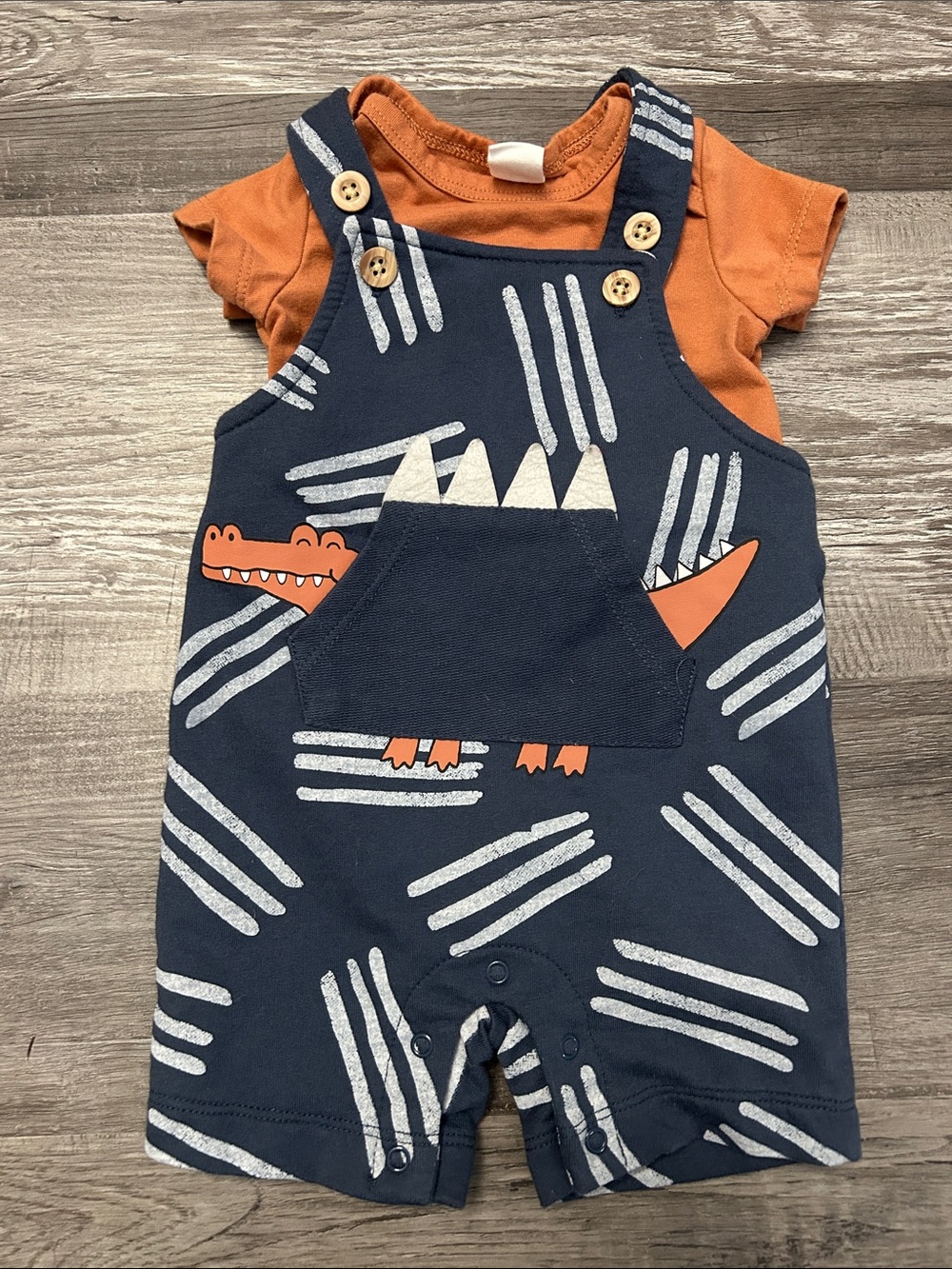 Navy & Orange Dino Overalls Set for Kids